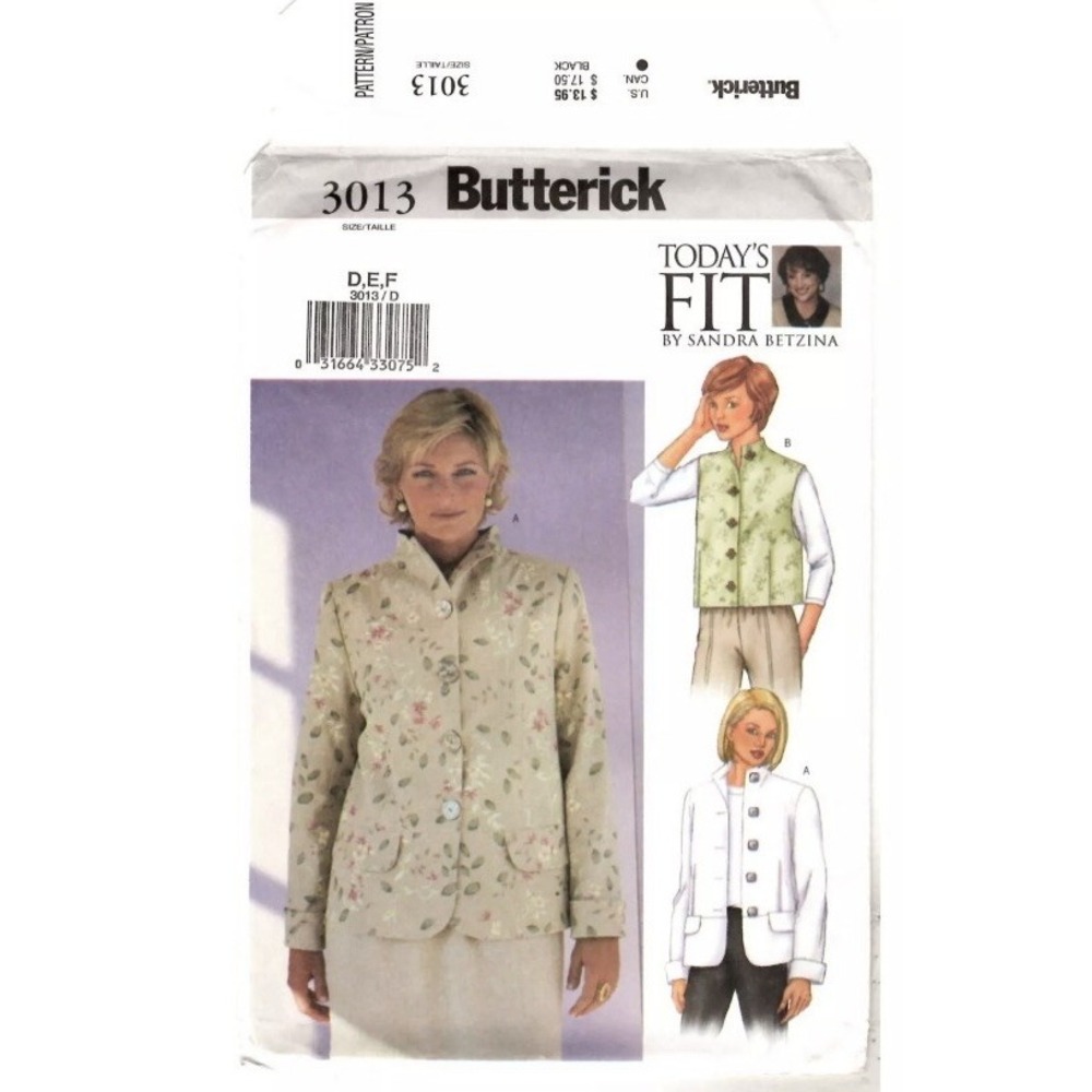 VTG Butterick 3013 Women's 38-43 Jacket Vest Sandra Betzina Pattern Sew Cut